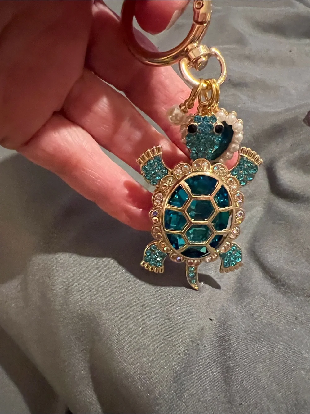 Gold Turtle Key & Handbag Charm with Teal Accents
